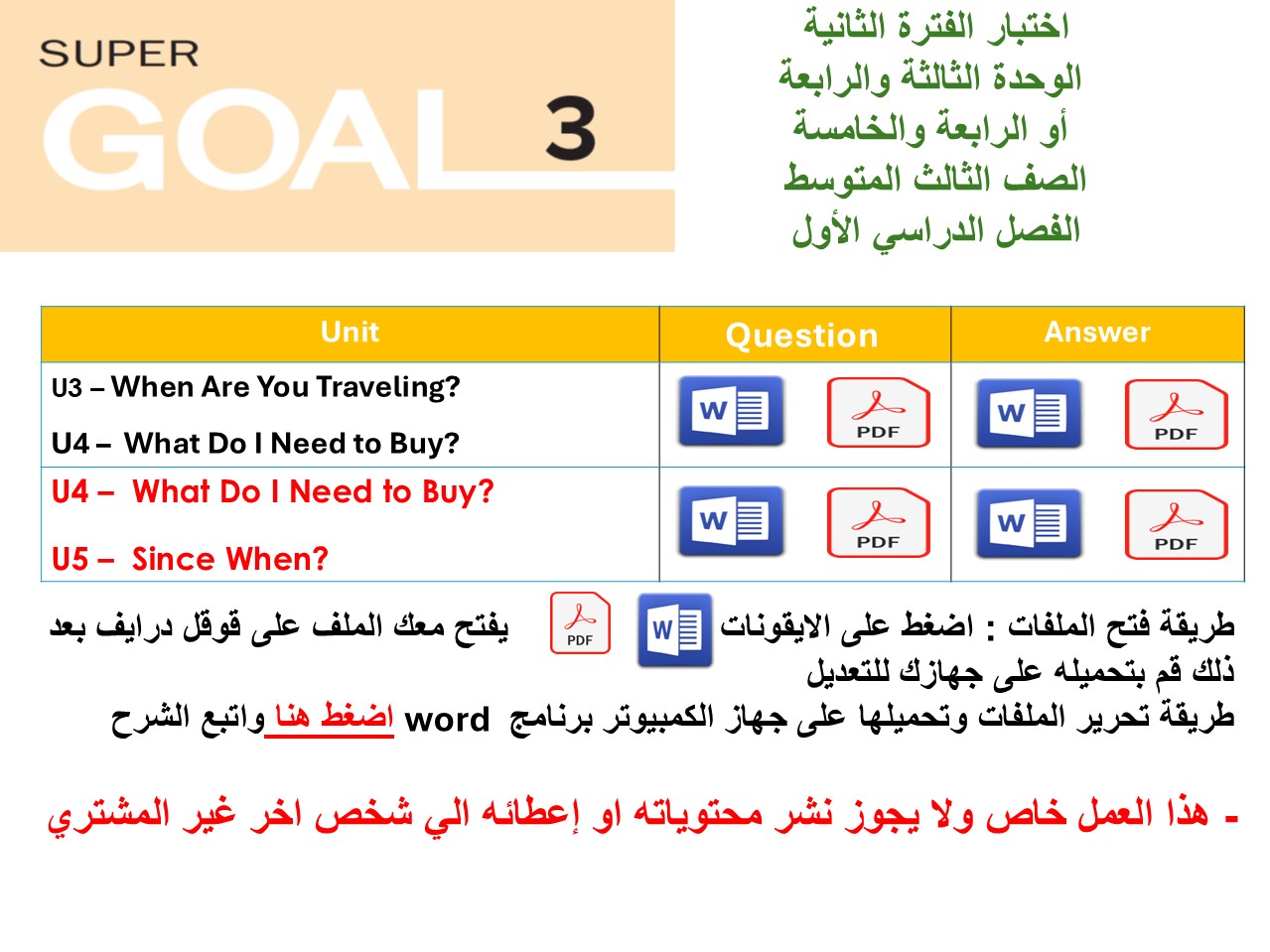 اختبار الفترة الثانية منهج Super Goal 3 الوحدات الثالثة والرابعة أو الرابعة والخامسة الفصل الدراسي الأول